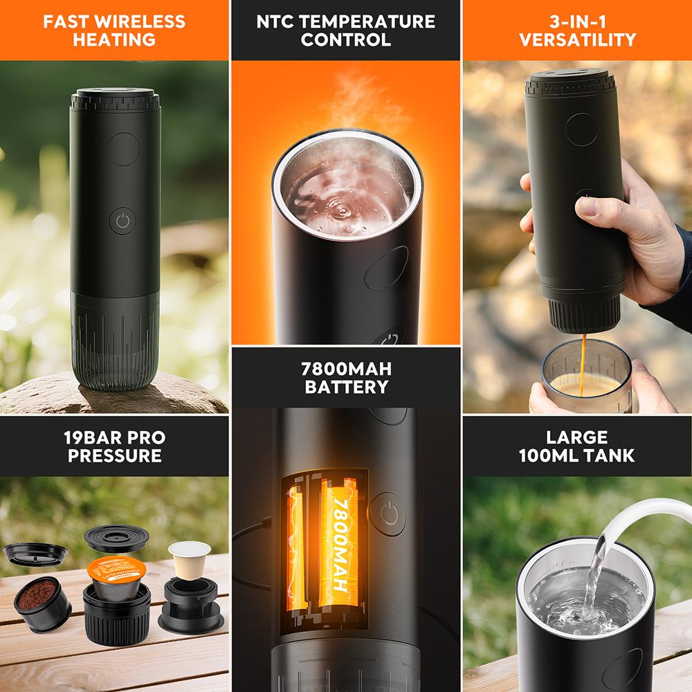 [i Cafilas][2604] Wireless Electric Portable Electric Espresso Machine Travel Coffee Maker for Camping Car Self-Heating With Ground Coffee & Capsule