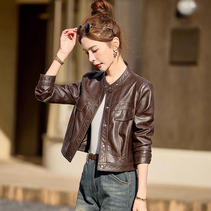 Women s Short Sheepskin-Feel Leather Jacket - 2026 New Petite Style M