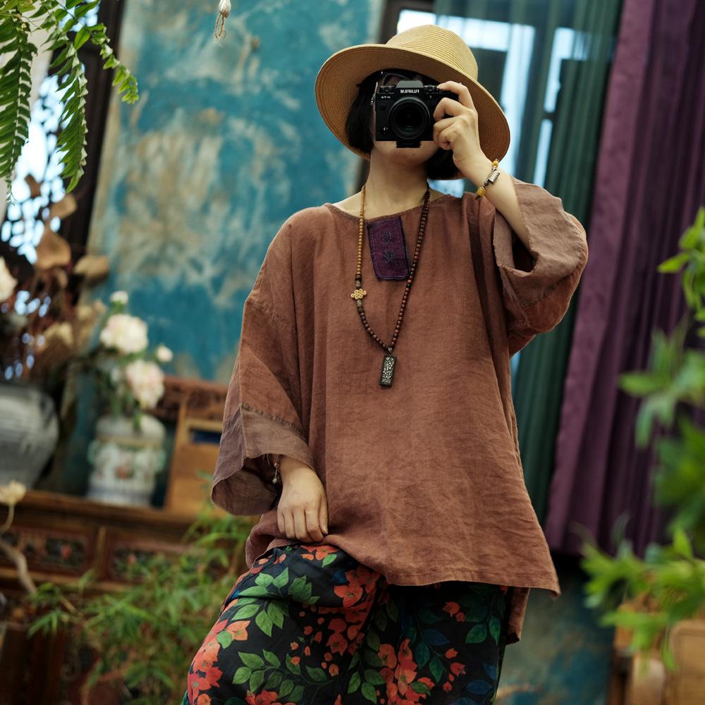 Johnature Women Vintage Blue T-Shirts Patchwork Embroidery Spring Long Sleeve O-Neck Loose T-Shirts