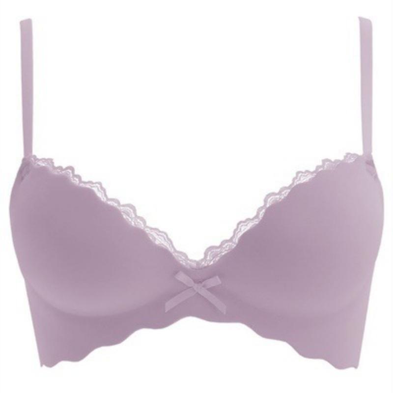Light Purple Wireless Push-Up Bra with Lace Trim and Bow Detail S фиолетовый