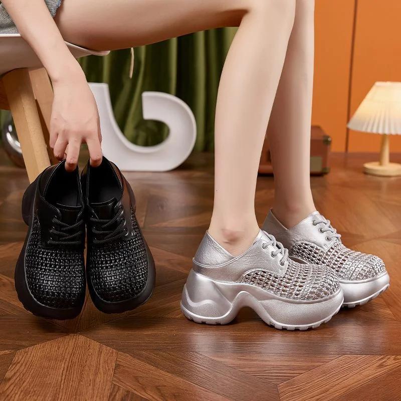 Fashion 9CM Weave Patent Synthetic Microfiber Leather Fashion Women Sandals Chunky Sneakers Hollow Bling Vulcanize Platform Wedge Shoes