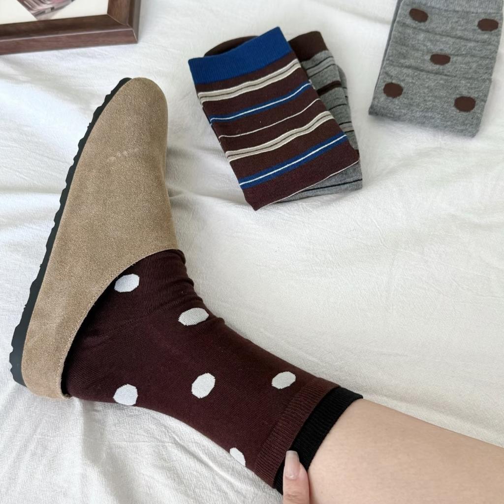 Fashion Blue-Brown Contrasting Striped Socks Autumn Cotton Wrapping Straight Socks Crimped Large Dot Stacked Medium Tube Socks