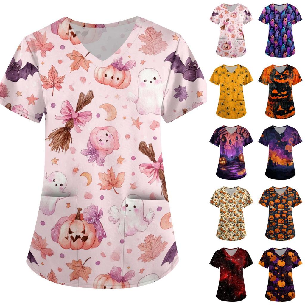 Women's Halloween Print Scrub Top V-Neck Short Sleeve with Pockets - Loose Fit Costume Shirt for Work or Party