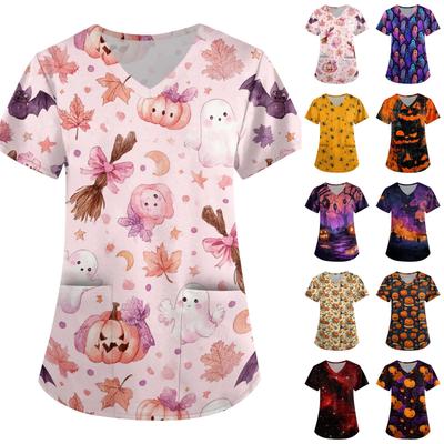 Women's Halloween Print Scrub Top V-Neck Short Sleeve with Pockets - Loose Fit Costume Shirt for Work or Party