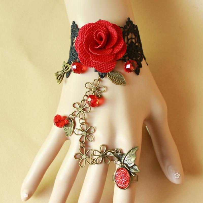 Rose Black Lace Hand Chain Ring Bracelet Chain Crystal Bead Finger Bracelet Sweet Hand Jewelry for Women and Girls Gifts