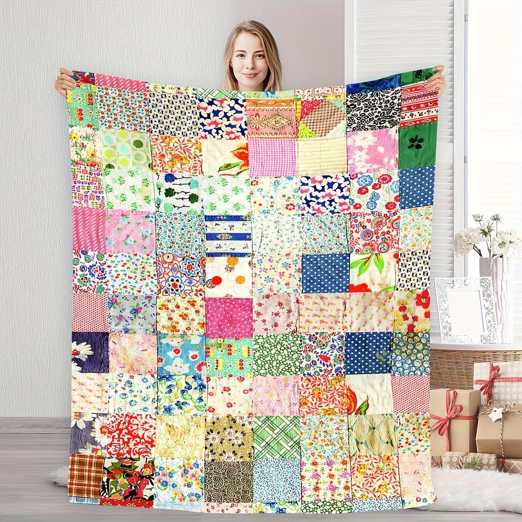 Vintage Floral Patchwork Flannel Blanket – Soft Warm Cozy Throw with Colorful Print – All Seasons Use for Home, Sofa or Bed