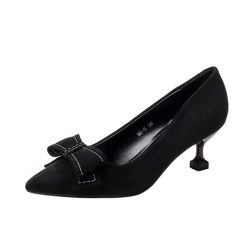 2025 Spring/Autumn Black Bow Low Heel Stiletto: French Pointed Toe Women's High Heels.