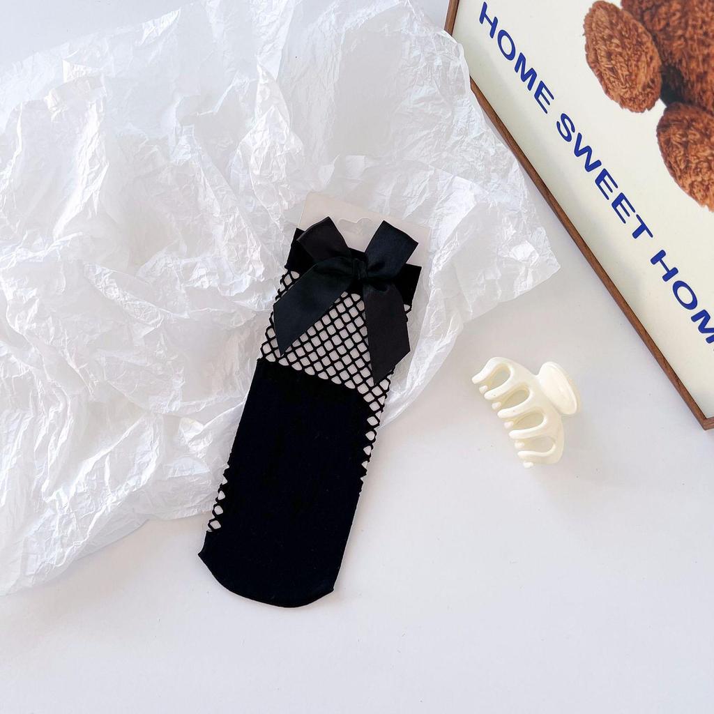 Japanese Lolita Bowknot Fishnet Lace Ankle Socks, White or Black