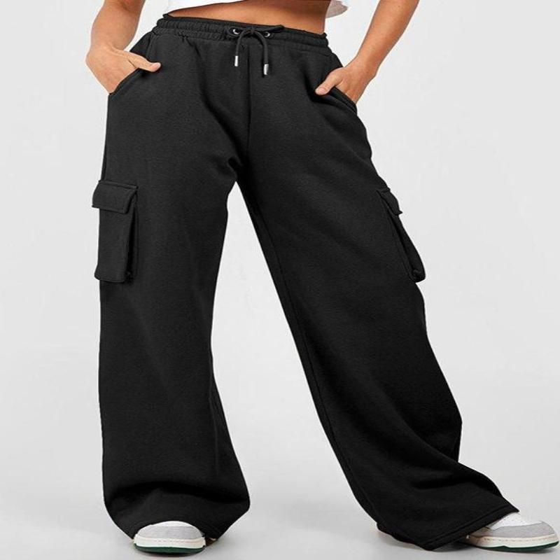 Women's Solid Color Drawstring High Waist Cargo Pocket Wide Leg Sweatpants Casual Loose Fit Sport Trousers