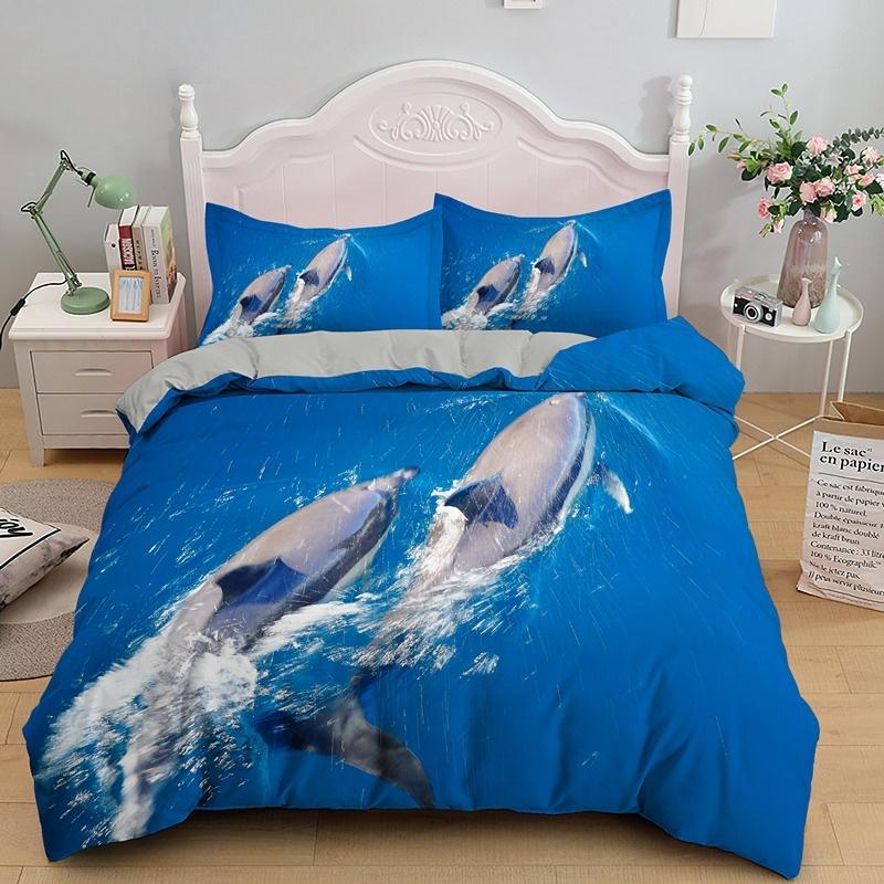 Dolphin Ocean King Queen Duvet Cover Cute 3D Sea Animal Bedding Set for Kids Teens Adults Shoal of Fish Blue 2/3pcs Quilt Cover