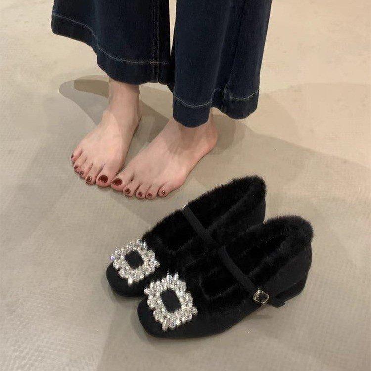 Rhinestone square buckle fluffy Mary Jane shoes thick heel plush single shoes square head temperament high heels 40 чёрный
