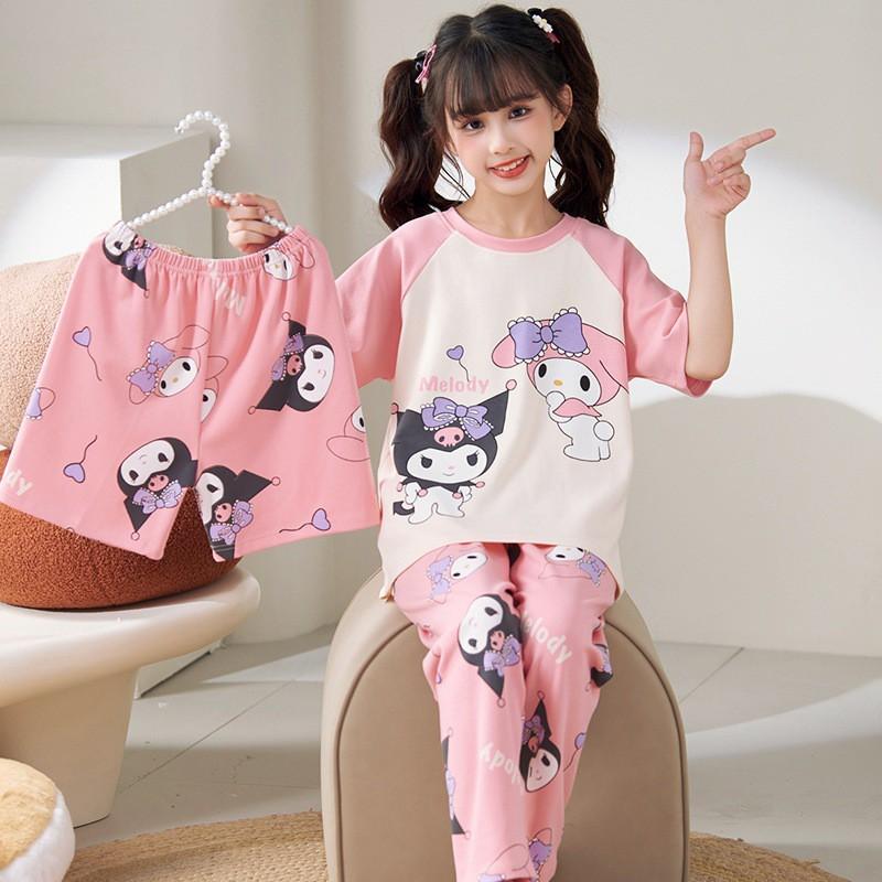 Girls Cotton Pajama Set Lightweight Short Sleeve Long Pants 3-Piece Sleepwear Kids Ages 8