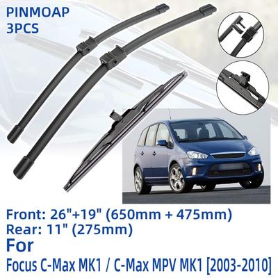 3PCS For Ford Focus C-Max MK1 / C-Max MPV MK1 2003-2010 26" 19" 11" Front Rear Wiper Blades Windshield Windscreen Window Cutter Accessories 2008 2009