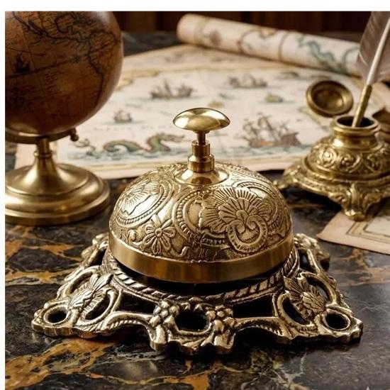 Solid Brass Embossed Desk Bell  Tabletop Call Bell, Antique Style Service Counter Ring