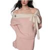 One-Shoulder Bowknot Knit Sweater with Bodycon Skirt Set