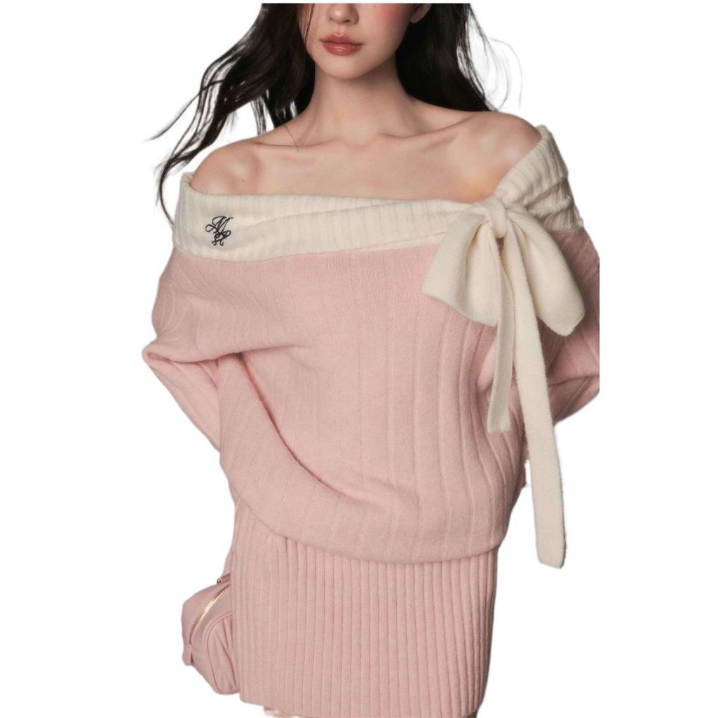One-Shoulder Bowknot Knit Sweater with Bodycon Skirt Set