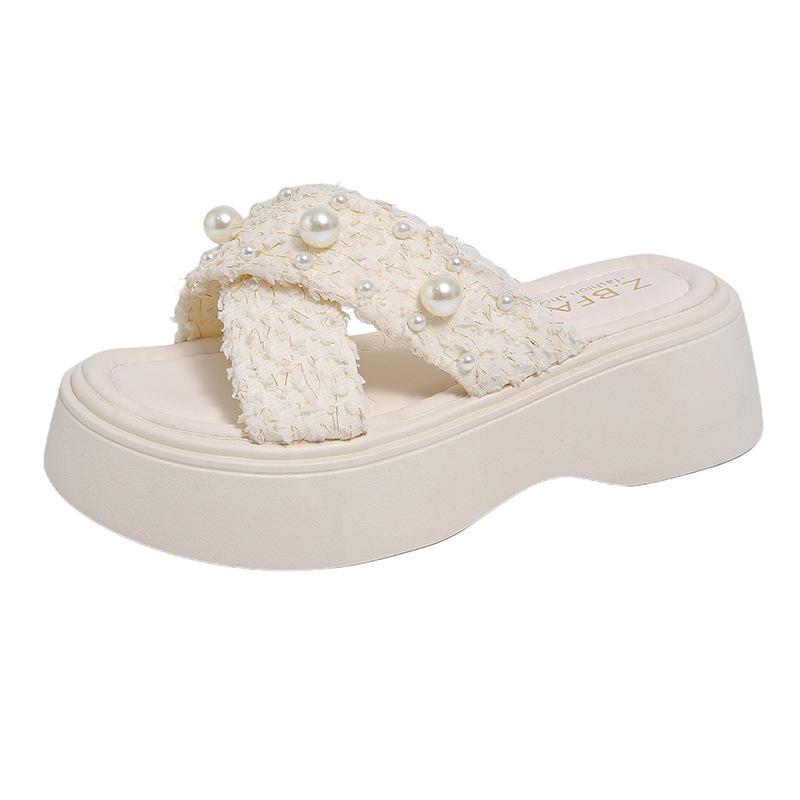 

Fairy wind pearl cool slippers female 2025 summer Korean version new thick bottom cross with open toe beach slippers female 35