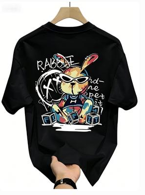 Unisex Sommer Reine Baumwolle Modisch Lässig Locker Schwarzes Kaninchen Cartoon Muster Gedruckt Rundhals Kurzarm T-Shirt Oberteil Weich