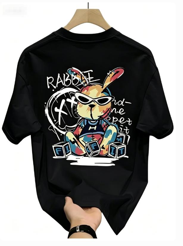 Unisexs Summer Pure Cotton Fashionable Casual Loose Black Rabbit Cartoon Pattern Printed Round Neck Short Sleeved Tshirt Top Soft
