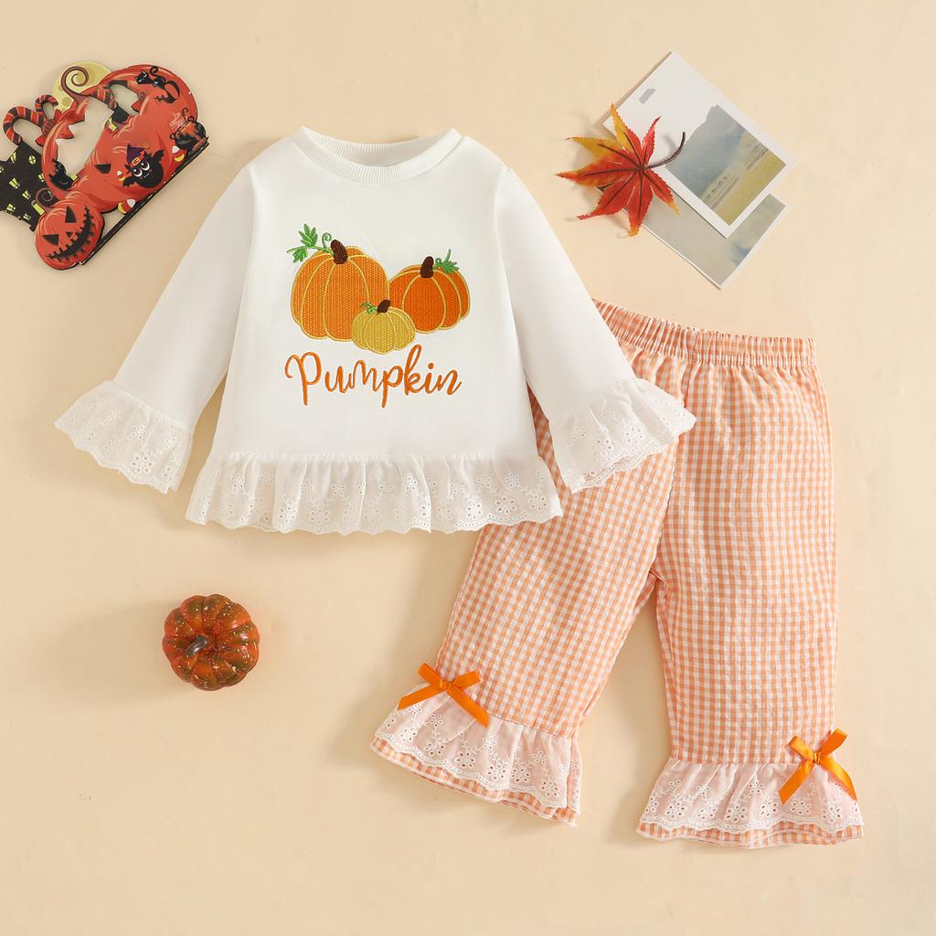 Kleinkind Mädchen Halloween Kürbis Stickerei Langarm Rundhals Pullover Sweatshirt und Elastische Taille Ausgestellte Hose Set