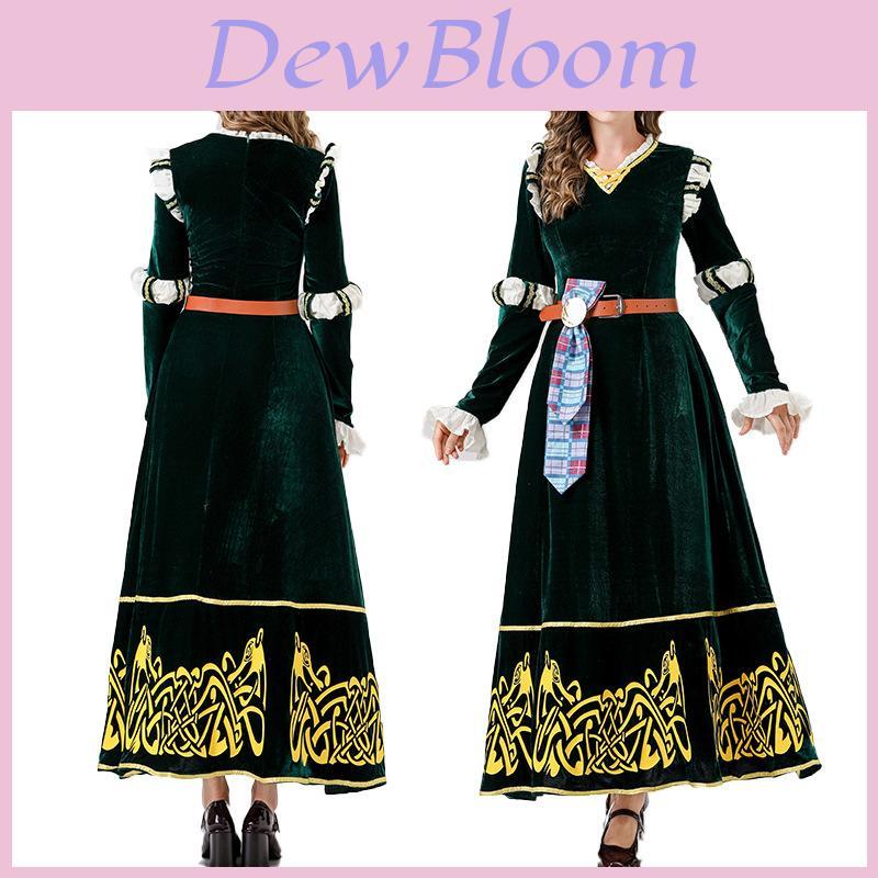 European Medieval Queen Costume With Green Velvet Cotton Fabric For Halloween Cosplay Party