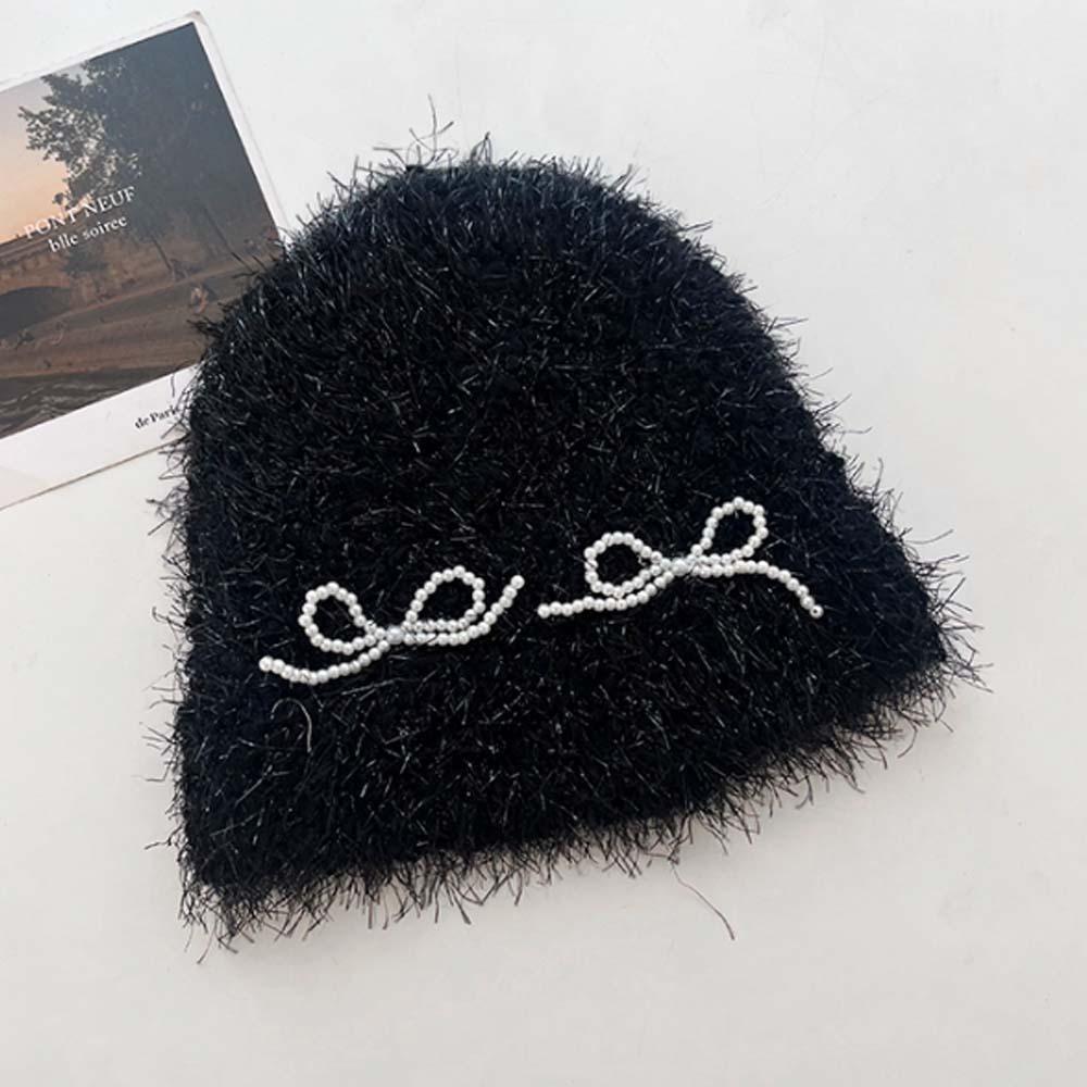 Colorful Pearls Bow Woolen Hat Y2K Brimless Beanie Cap Versatile Knitted Pullover Hat  Girls