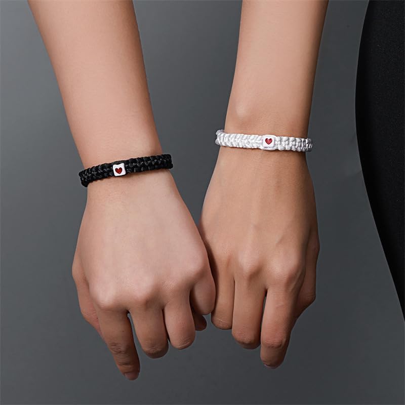 Caiyao 2Pcs Handmade Pinky Promise Heart Braided Bracelets Black White Love heart Matching Bracelets Adjustable Couples Friendships Long Distance