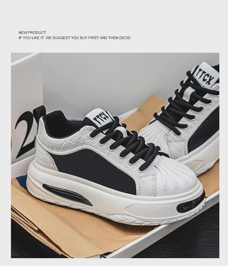 Schwarze Shell Toe Sneakers aus Leder für Herren – Dicke Sohle, trendige Herbst-Sportschuhe