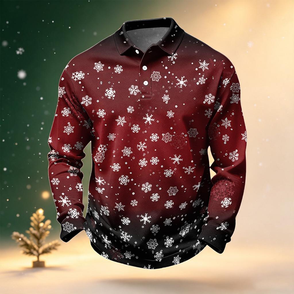 Men's Golf Shirt Long Sleeve Casual Christmas Print Quick-Dry Mesh Top