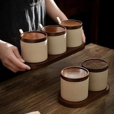 3-teiliges Gewürzglas-Set aus Keramik, 325 ml, mit Tablett, japanisches Retro-Gewürzglas, Küchen-Gewürz-Vorratsbehälter, Organizadores