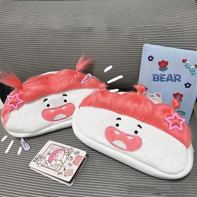 Pink Hair Funny Big Capacity Plush Pencil Bag Creative Cartoon Big Mouth Girl Pens Storage Case Portable School Stationery Gift