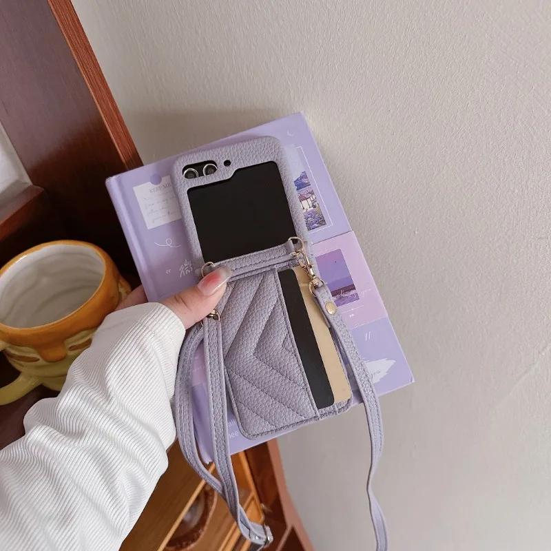 Lanyard Crossbody Wallet Phone Case for Samsung Galaxy Z Flip 6 5 4 3 Flip6 Flip5 Flip4 Flip3 5G Card Slot Holder Leather Cover