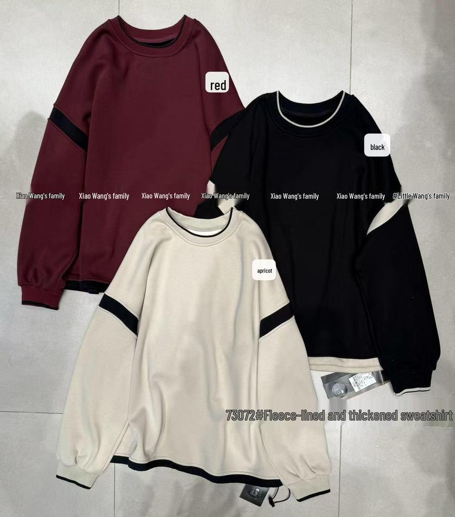Xiao Wang's 73072 Winter Korean Loose Plus Size Casual Crew Neck Fleece Color Block Sweatshirt