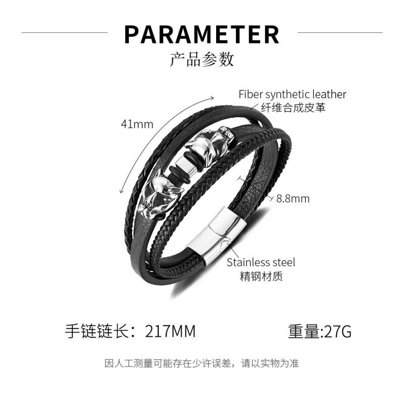 Trendy Leather Bracelet Men s Stainless Steel Personalized Design Leopard Head Titanium Woven