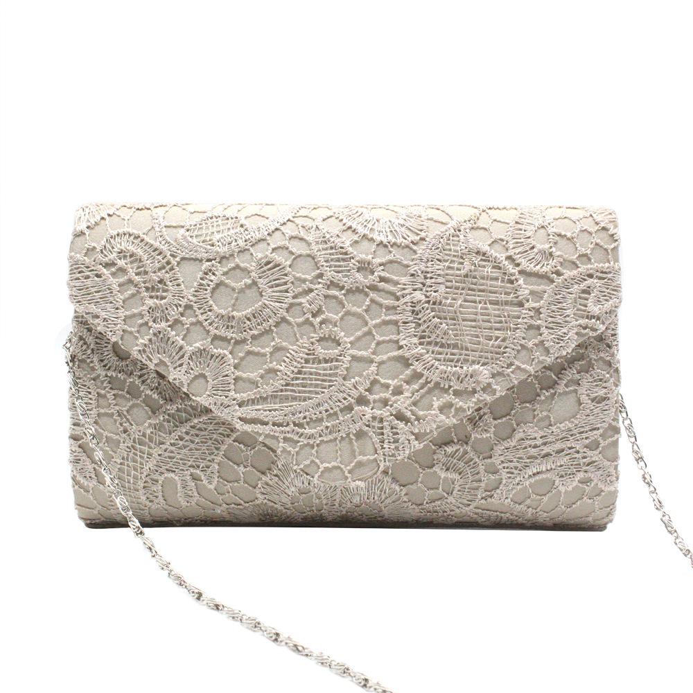 Elegant Lace & Satin Clutch Evening Bag with V-Shaped Flap