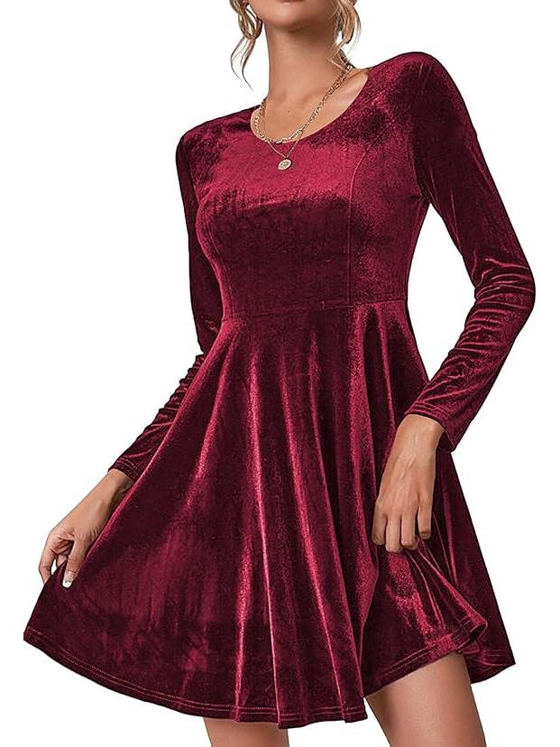 

2024 Европейское и американское трансграничное осенне-зимнее бархатное платье: Женская кофта с длинным рукавом, круглым вырезом, широким подолом Double Extra Large вино красного