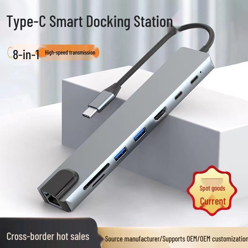8-in-1 Docking Station: Compatible with Apple Laptops, USB Hub, Network Port, Card Reader, and Type-C Expansion.
