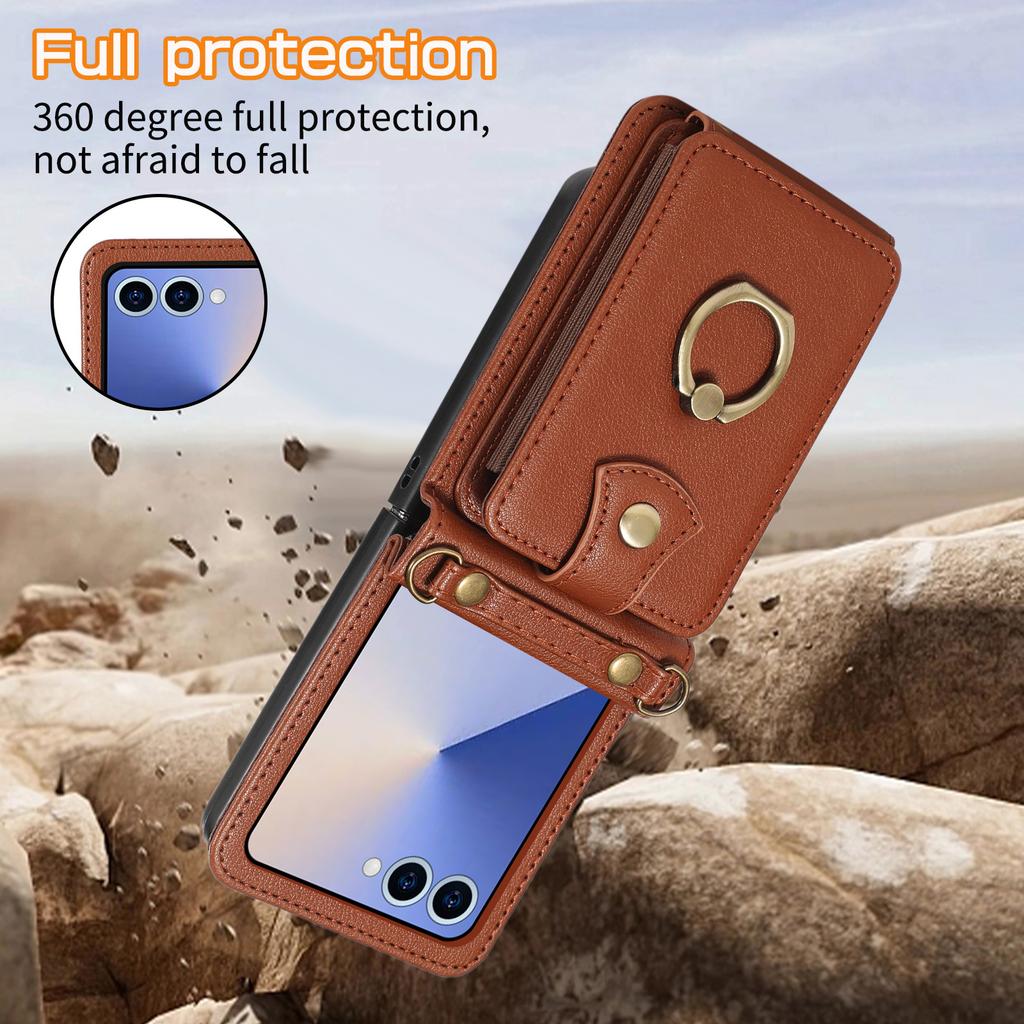 Crossbody Long Lanyard Organ Card Bag Ring Leather Phone Case for Samsung Z Flip 8 7 6 5 4 3 Shockproof Stand Slim Fit Cover