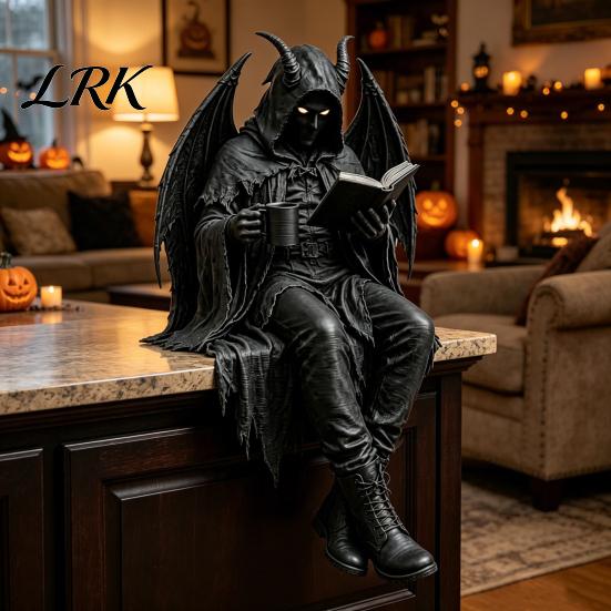 Zittend Magere Hein Model Gotische Dark Fantasy Figuur, Lezend Met Kap Standbeeld, Hars Skelet Standbeeld Halloween Figuurtje voor Boekenkast Huisdecoratie