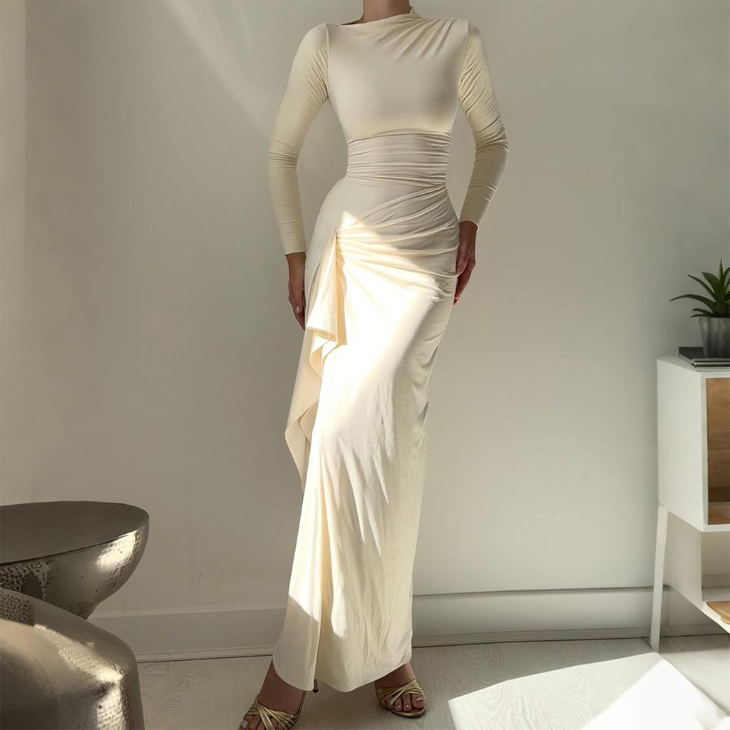 Women's Casual Fashion Long Sleeve Solid Color Slim Waist Dress