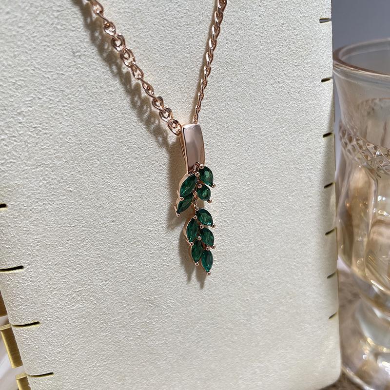 Vintage Green Zircon Leaf Pendant Necklace Rose Gold Color Luxury Dangle Necklace For Women Gift