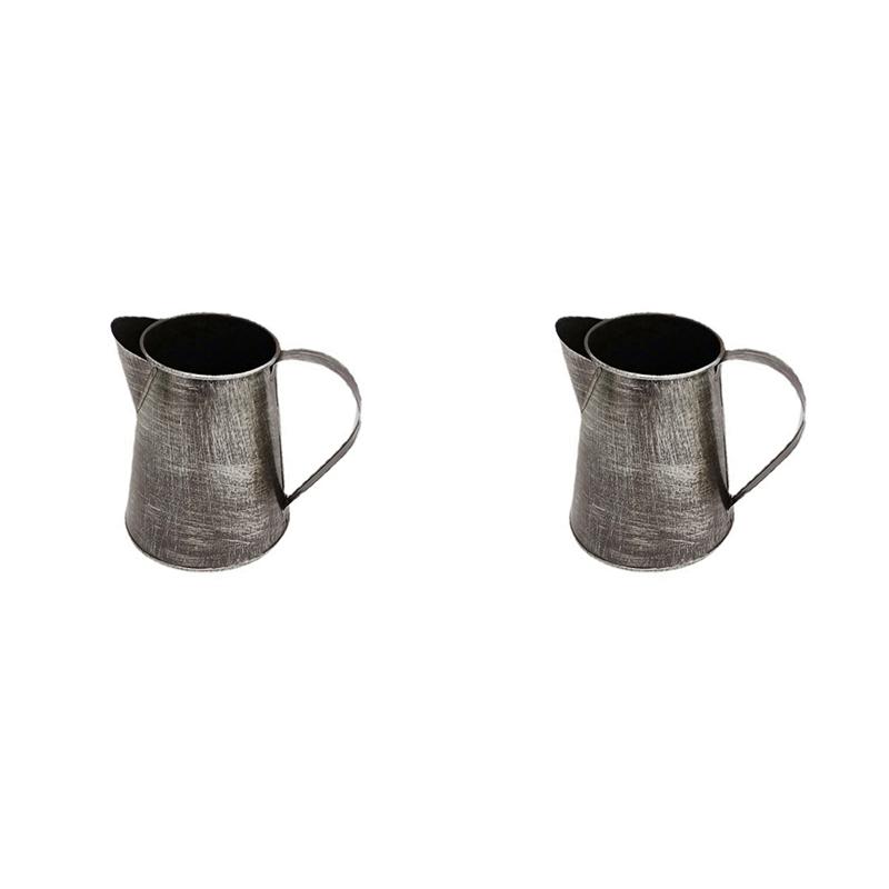 

2X Metal Vase Decorative Shabby Pitcher Flower Holder Metal Vase With Handle For Home Garden Flowerpot Ancient Silver