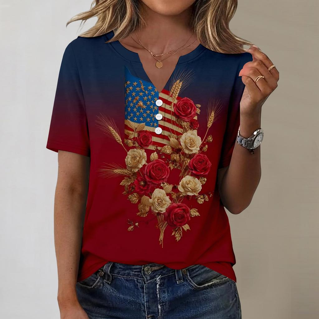 Women's Fashionable Casual Independence Day Print Blouse