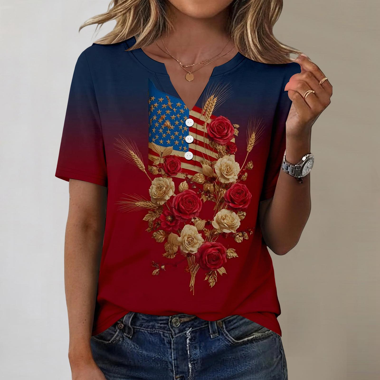 Women s Fashionable Casual Independence Day Print Blouse L