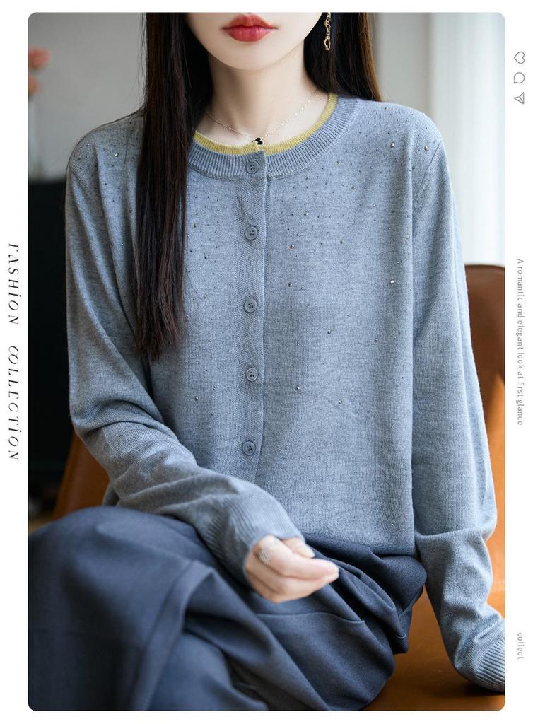 Luxury Rhinestone Wool Cardigan, Colorblock Collar Design, Versatile Women's Autumn/Winter Sweater