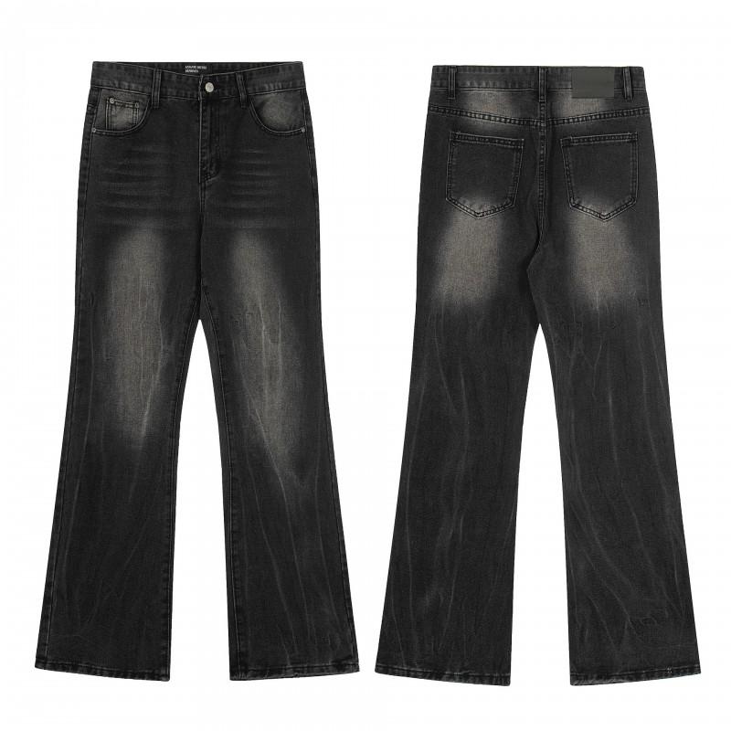 Mens Distressed Straight Fit Denim Jeans With Embroidery Mid-Rise Water Washed Cotton Blend Streetwear Casual Pants