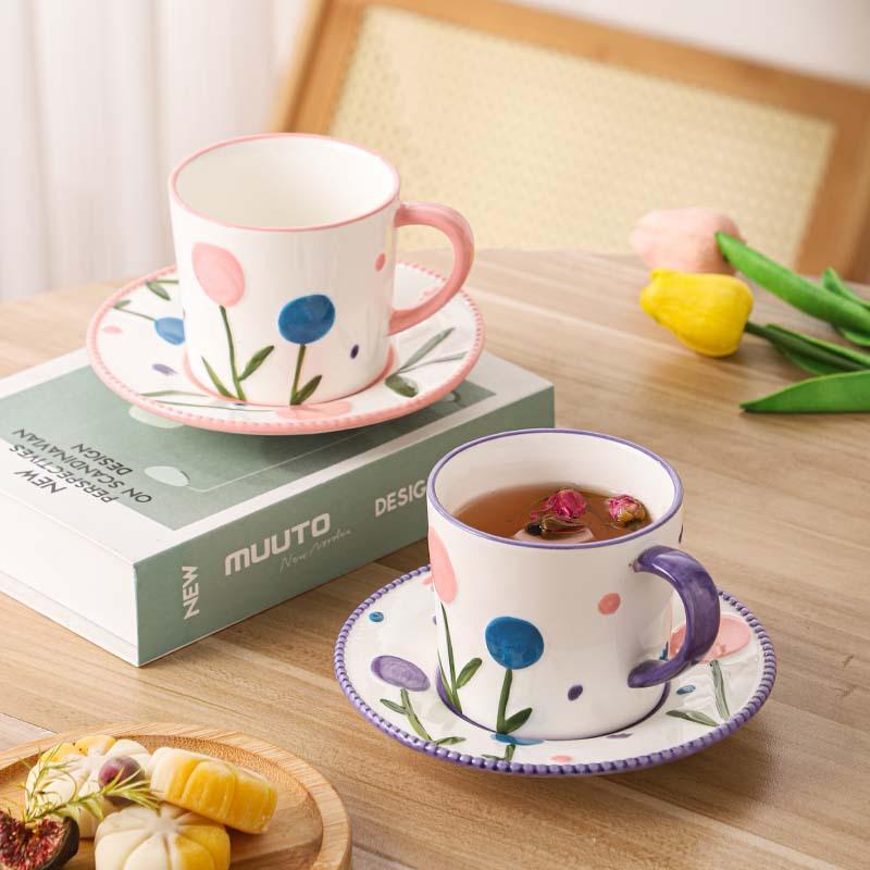 Pastoral Ceramic Coffee Cup And Saucer Set Creative Hand-Painted High-Value British Afternoon Tea Cup Flower Tea Cup Mug