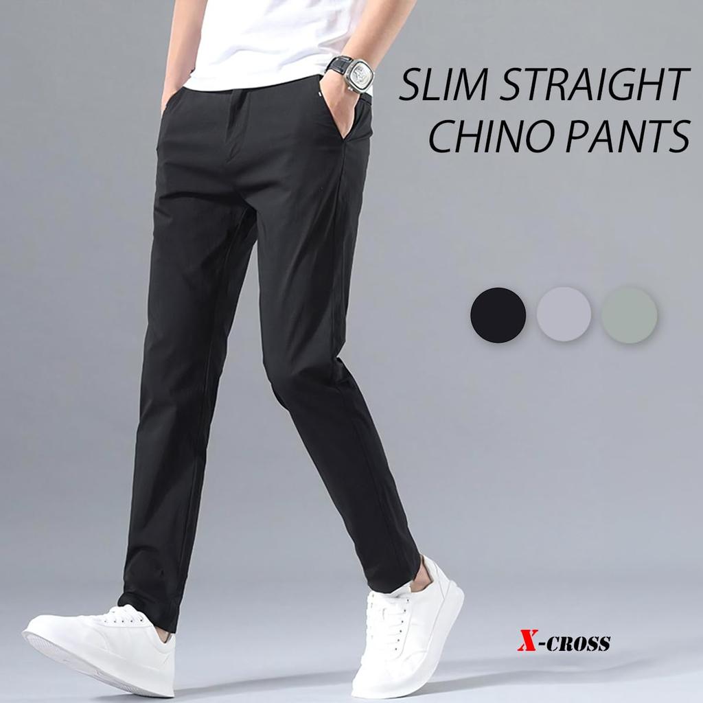 X-cross Men's Stretch Chino Pants, Slim Fit, Golf, Skinny Fit, Pre-hemmed, Plus Sizes, Black, Elastic, Work, Chino Pants, No-Tuck, Long Pants, Easy Fi