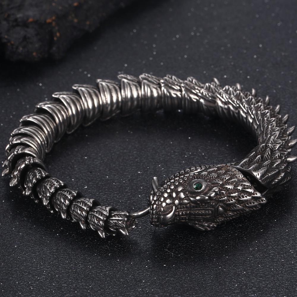 Vintage Animal Jewelry Dragon Body Chain Bracelet Men Solid Stainless Steel Men's Bracelets with Green Eyes Wrist Accessories