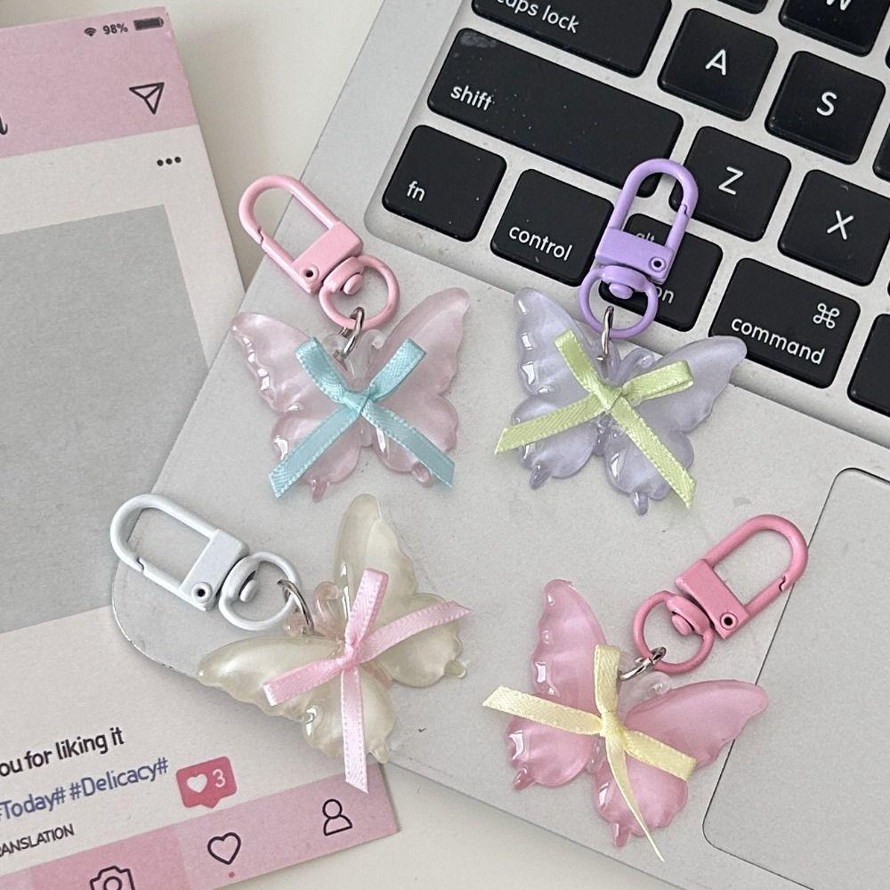 Sweet Butterfly Keychain Cute Ribbon Bow Keyring Creative Jelly Butterfly Pendant  Backpack Decor